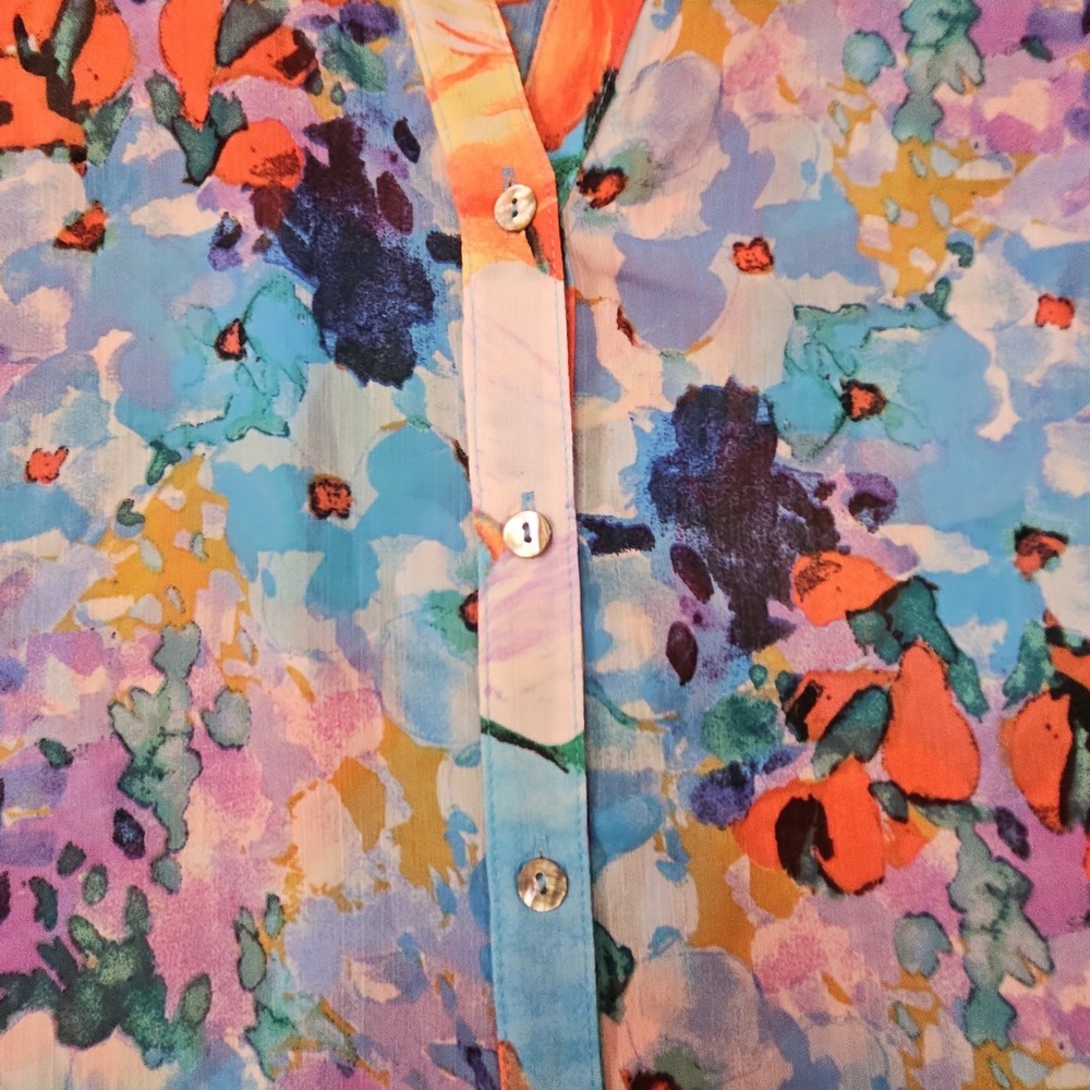 Figueroa Flower Women XL Shirt Floral Roll Tab Sleeve Boho Abstract Artsy Resort - Picture 4 of 13